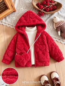 SHEIN 女童純色拉鍊夾克，附保暖內裡與刺繡，舒適百搭秋冬外套 - 紅色 - 查看 4