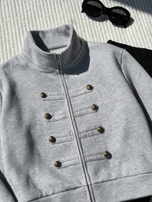 SHEIN BASICS بلوزة رياضية نسائية بمقاس كبير بلون موحد وياقة قائمة وأزرار مزدوجة كاجوال متعددة الاستخدامات للاستخدام اليومي - رمادي - مشاهدة 3