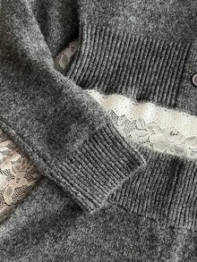 Mori Grove Mori Grove Women's Contrast Lace Long Sleeve Single-Breasted Knit Cardigan And Knit Shorts Casual Set - Grey - View 4