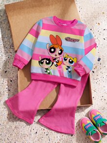THE POWERPUFF GIRLS X SHEIN 女童彩色條紋卡通印花圓領運動衫 + 純色鬆緊腰喇叭褲套裝，春秋休閒返校運動穿搭 - 玫紅色 - 查看 4