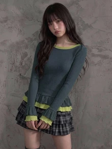 FRIFUL Women's Color Block Ruffle Hem Casual T-Shirt For Middle-Aged And Elderly - Dark Grey - View 6