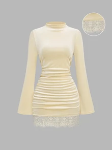 Sweetra Women's Spicy Style Semi-High Neck Flare Sleeve Ruched Bodycon Lace Trim Dress - Apricot - View 7