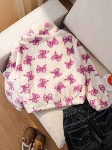 SHEIN Tween Girl Knit Faux Fur Stand Collar Bow Pattern Loose Casual Sweatshirt - Multicolor - View 2