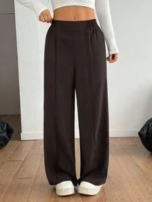 SHEIN PETITE 女款 Y2K 黑色基本款休閒純色寬腿褲，正式秋季冬季搭配，鬆弛高腰西裝長褲，喇叭褲，小個子通勤辦公穿搭 - 棕色 - 查看 3