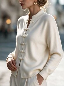 Linhara CURVE Plus Size Women Solid Color Dropped Shoulder Long Sleeve Frog Button Placket Casual Knit Cardigan - Beige - View 6