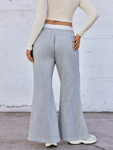 Voyena Plus Size Women's Grey Sports Pants With Pockets, Elastic Waistband, English Letter Print Flare Leg Winter - Grey - View 2