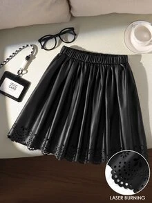 Tween Girls Faux PU Leather Skirt Black Elastic Waist Laser Cut Out Scallop Hem A Line Flared Pleated Plain Skirts - Black - View 3
