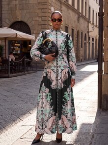 Zivah New Elegant Women's Court Style Dark Floral Print Front Button Placket Puff Long Sleeve Structured Dress - Multicolor - View 7