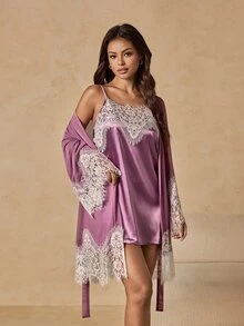 HautHeat Women's Contrast Lace Cuff Robe And Camisole Nightgown Elegant Sleepwear Set - Dusty Purple - View 7