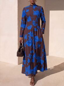Zivah New Elegant Women's New Chinese Style Plant Contrast Print Fabric Front Zipper Design Long Sleeve Structured Dress - Multicolor - View 6