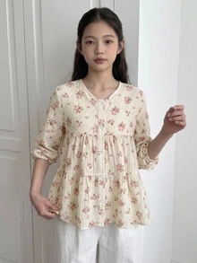Dazy Kids 圓領可愛花卉長袖秋季甜美女孩（大號）上衣 - 黃色 - 查看 6