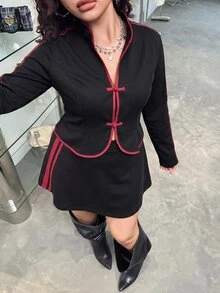 SHEIN BASICS Plus Size Striped Colorblock Top And Mini Skirt 2 Pieces Set - Black - View 1