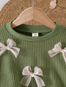 SHEIN Playful Pals 1件女童蝴蝶結裝飾圓領長袖網紗下擺洋裝，清新優雅時尚，可愛甜美，適合秋冬穿著 - 墨綠色 - 查看 4