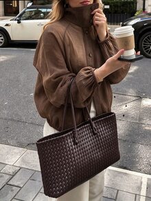 Yalmera 大尺碼透視皺褶立領前開鈕扣泡泡長袖寬鬆休閒襯衫外套 - 摩卡棕 - 查看 4