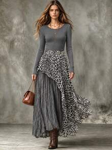Trelyra Women's Fashion Elegant Casual Vacation Round Neck Long Sleeve Top And Patchwork Leopard Print Skirt Set - Dark Grey - View 1