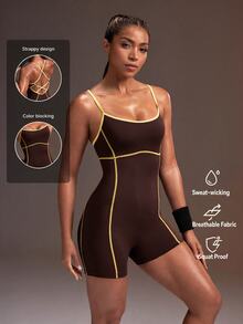 Powerista Women's Autumn Navy Criss Cross Open Back Contrast Stitching Sports Jumpsuit Short Leg Design Active Wear Gym Workout Athletic Modest - Brown - View 2
