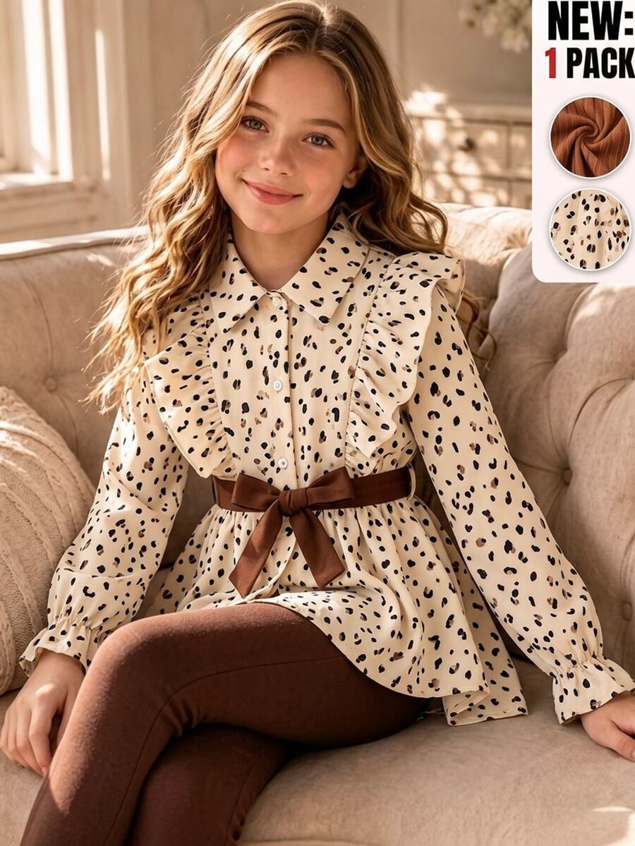 SHEIN Vintaside Kids 女童格紋梭織布長袖襯衫洋裝,附荷葉邊飾邊、腰帶與內搭褲套裝 - 彩色 - 查看 1
