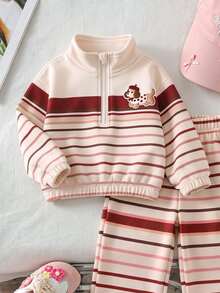 SHEIN 女童卡其棕豹紋保暖內裡兩件套，半拉鍊立領上衣 + 寬腿長褲，加厚保暖內裡 - 彩色 - 查看 3