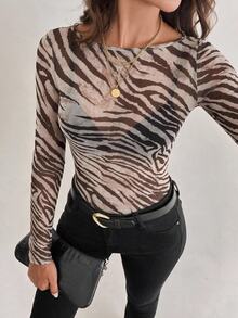 Travachic Plus Size Women's Zebra Print Casual Versatile Daily Wear Long Sleeve Top - Multicolor - View 4