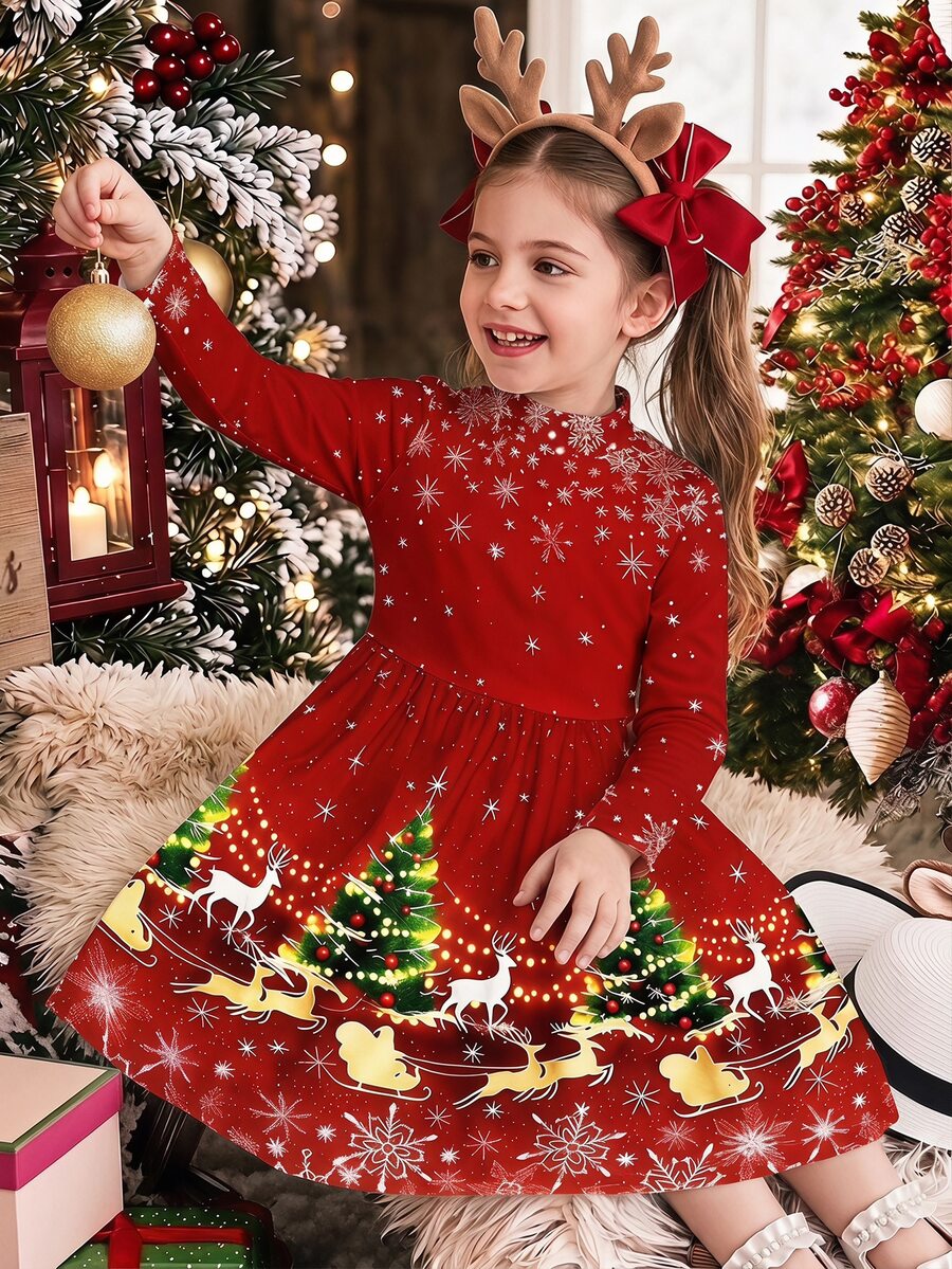 Tween Girl Christmas Tree Print Long Sleeve Dress Party Autumn/Winter - Multicolor - View 1