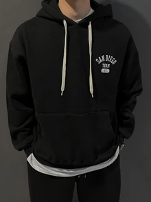 DAZY Autumn/Winter Thermal Lined Black Hooded Sweatshirt Set With Letter Print On Chest And Back For Men - Black - View 4