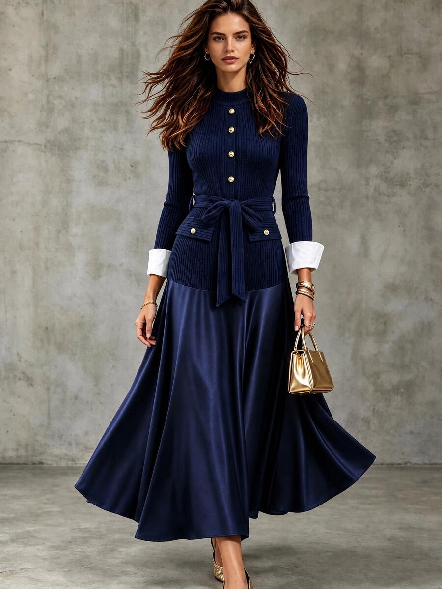 Breezaya Women's Luxury Business Style Button Ribbed Dress - Royal Blue - View 1