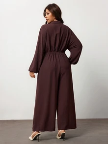 Enliva Plus Size Collared Drawstring Waist Wide Leg Jumpsuit Apple Homewear Going Out Corset Retro - Brown - View 2