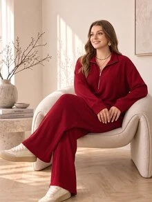 Rosumi طقم نسائي مقاس كبير بلون موحد، ملابس علوية بأكمام طويلة وبنطال، كاجوال للاستخدام اليومي - الأحمر - مشاهدة 1