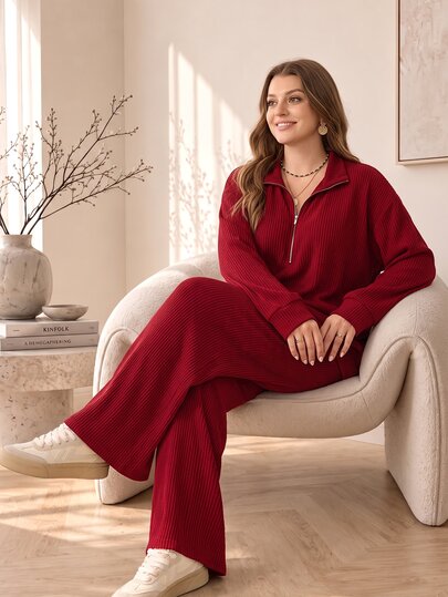 Rosumi Women's Plus Size Solid Color Long Sleeve Top And Pants Casual Daily Set
