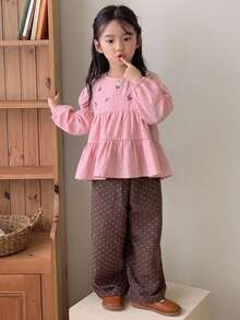 Dazy Kids 女童花卉刺繡長袖荷葉邊可愛上衣 - 粉色 - 查看 4