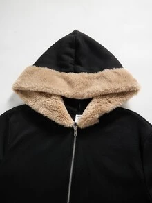SHEIN 青少年男孩拉鍊人造毛拼接連帽秋季運動衫 - 彩色 - 查看 7