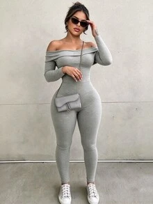 INAWLY Solva جمبسوت رمادي ضيق بأكمام طويلة وكتف مكشوف للنساء مقاس كبير - رمادي - مشاهدة 1
