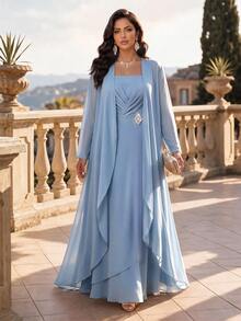 SHEIN Lady فستان ورداء نسائي مقاس كبير مزين بالراين ستون مطوي كاجوال رومانسي أنيق طقم من قطعتين رسمي للزفاف وحفلات الخريف الفاخرة وحفلات التخرج - الأزرق - مشاهدة 1