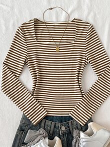 SHEIN 青少年女孩 T-shirt 粉色與白色條紋方領長袖，萬聖節、秋季、冬季、秋天、Y2K、粉色 - 棕色 - 查看 6