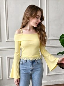 SHEIN Sparklyn 女童優雅甜美風經典黑色露肩喇叭袖T恤，可調節肩帶露肩上衣，對比蕾絲下擺，適合季節過渡、返校季、舞蹈派對、活動與外出 - 黃色 - 查看 4