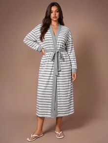 Lazeform Casual Striped Print Long Sleeve Long Length Plus Size Robe - Light Grey - View 6