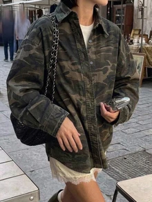 Strévra 女款秋季軍綠色翻領鈕扣口袋裝飾水洗寬鬆長袖短版牛仔外套 - 軍綠色 - 查看 4