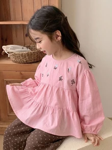 Dazy Kids 女童花卉刺繡長袖荷葉邊可愛上衣 - 粉色 - 查看 5