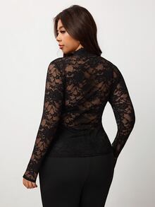 Enliva Plus Size Women's Black Long-Sleeved Top With Stand Collar And Lace Hourglass - Black - View 2