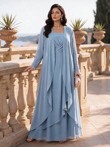SHEIN Lady فستان ورداء نسائي مقاس كبير مزين بالراين ستون مطوي كاجوال رومانسي أنيق طقم من قطعتين رسمي للزفاف وحفلات الخريف الفاخرة وحفلات التخرج - الأزرق - مشاهدة 9