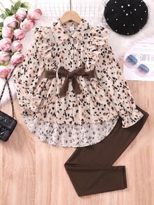 SHEIN Vintaside Kids 女童格紋梭織布長袖襯衫洋裝，附荷葉邊飾邊、腰帶與內搭褲套裝 - 彩色 - 查看 5