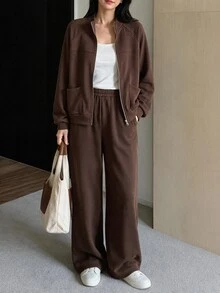 Yumoku Women's Solid Color Long Sleeve Zip-Up Hoodie And Pants Casual 2 Pieces Set - Coffee Brown - View 6