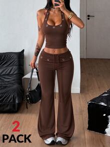 Coolane Women's Eyelet Design Halter Neck Tank Top And Flare Pants Casual 2 Pieces Set - Brown - View 1
