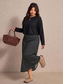 Elaquor 復古波點洋裝 + 長袖上衣 大尺碼 2件套 - 黑色 - 查看 5