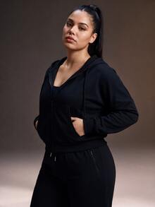 Powerista Women's Plus Size Solid Color Casual Versatile Daily Wear Hooded Sports Jacket - Black - View 7