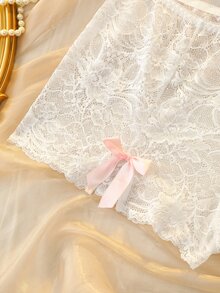 DelicateAllure White Lace Patchwork Split Bow Sweet Cute Plus Size Panties - White - View 4