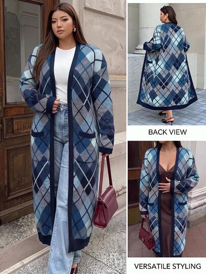 Easura Vintage Elegant Plaid Long Wool Cardigan Plus Size Casual Pocket Sweater Fall Holiday Vacation Burgundy