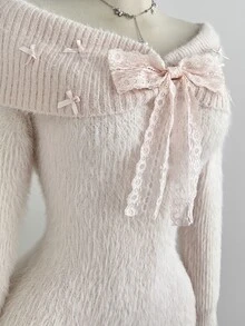 Elamini Women's Sweet Bow Decor Sweater Dress - Apricot - View 6