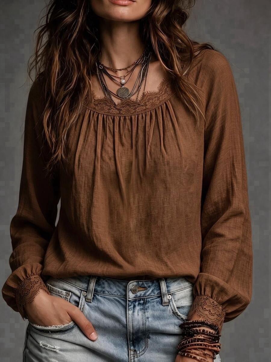 Breezaya Áo blouse nữ size lớn thời trang thanh lịch phối ren và xếp ly - Cà phê nâu - Xem 1