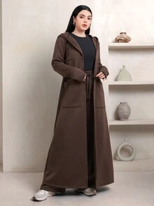 Veilorie Women's Fashion Pocket Hooded Robe And Loose Pants 2 Pieces Set - Brown - View 4